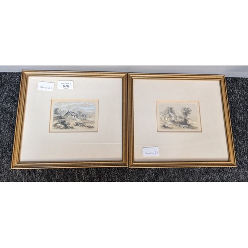 80 - Lot of two pencil etchings, depicting cottages by a lake, unknown artist, framed [23.5x26cm]