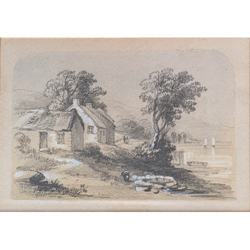 80 - Lot of two pencil etchings, depicting cottages by a lake, unknown artist, framed [23.5x26cm]