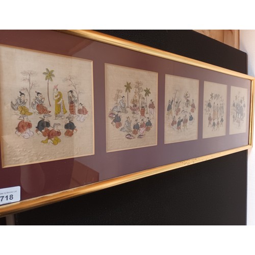 86 - Framed oriental silk painting depicting various scenes [28x88cm]