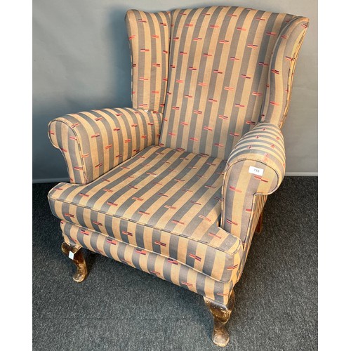 95 - 19th century gull wing armchair, the whole covered in a stripe material, raised on cabriole legs