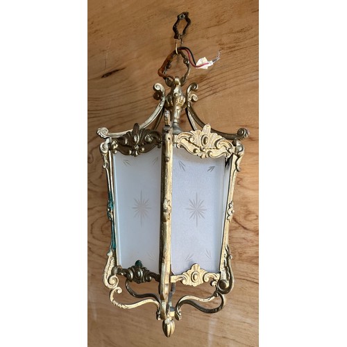 49 - Antique light, the moulded cast metal frame painted in gilt with frosted glass inserts, together wit... 