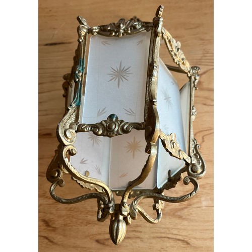 49 - Antique light, the moulded cast metal frame painted in gilt with frosted glass inserts, together wit... 