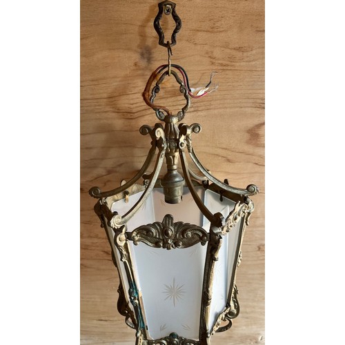 49 - Antique light, the moulded cast metal frame painted in gilt with frosted glass inserts, together wit... 