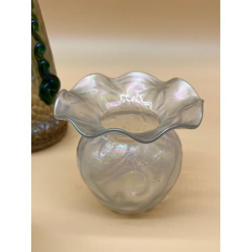 174 - Four pieces of Vaseline/ opalescent glass vases. Includes Loetz style tall vase. [21cm high]