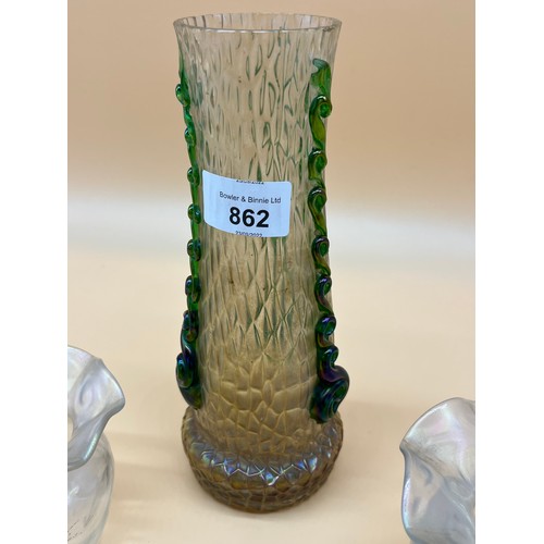 174 - Four pieces of Vaseline/ opalescent glass vases. Includes Loetz style tall vase. [21cm high]