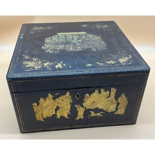 48 - Antique Chinese lacquered and gilt panel painted tea box. Panels depict various group figures of som... 