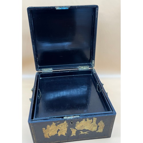 48 - Antique Chinese lacquered and gilt panel painted tea box. Panels depict various group figures of som... 