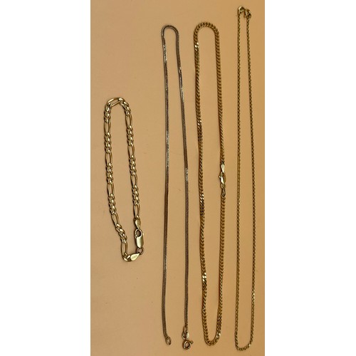 549 - Three various 9ct yellow gold necklaces together with a 9ct yellow gold curb bracelet. [19.95grams]