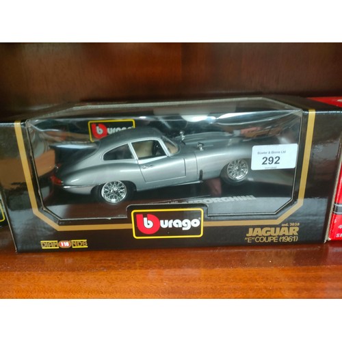 292 - 3 Boxed Burago classic models includes e type jaguar , Shelby cobra etc