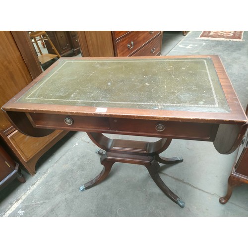 290 - Reproduction leather topped drop leaf table with single drawer