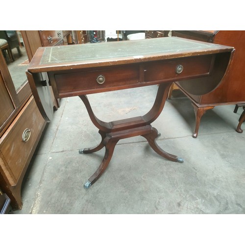 290 - Reproduction leather topped drop leaf table with single drawer