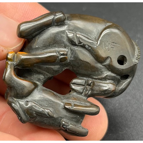 50 - Hand carved Japanese Netsuke sculpture of a An Ox and foal. Signed [4cm in length]