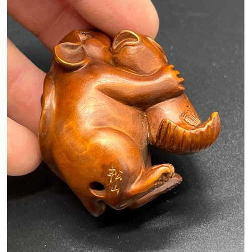 61 - Hand carved Japanese Netsuke sculpture of a Mouse holding a koi carp. [5.2cm high]