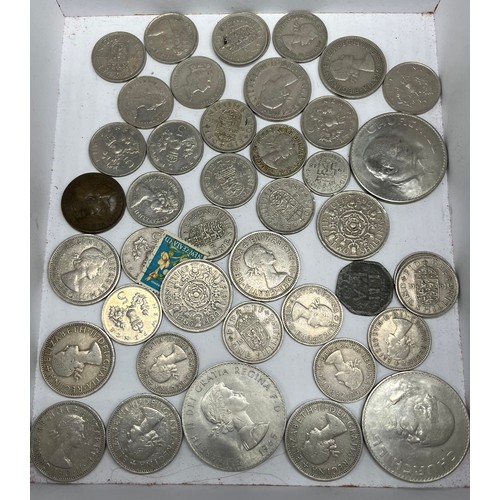 82 - Collection of vintage British coinage includes Crowns, 1921 George V Half Crown silver coin, Lead to... 