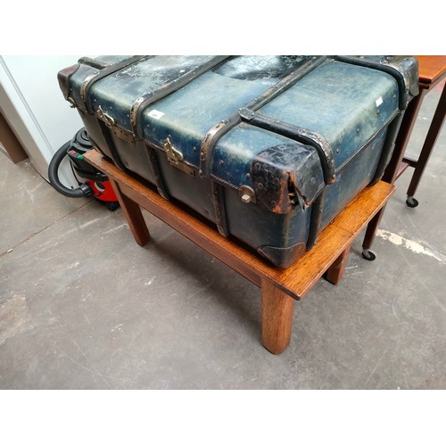 346 - Vintage Light oak table together with vintage travel trunk