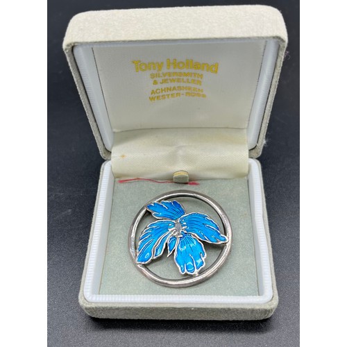 86 - Edinburgh silver and blue enamel flower design brooch produced by Tony Michael Holland