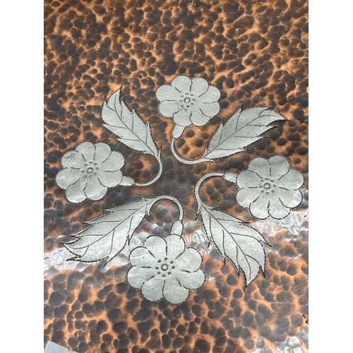 95 - Arts & Crafts era copper hammered tray, detailed with pewter flower design inlay. Marked DG. [37X28C... 