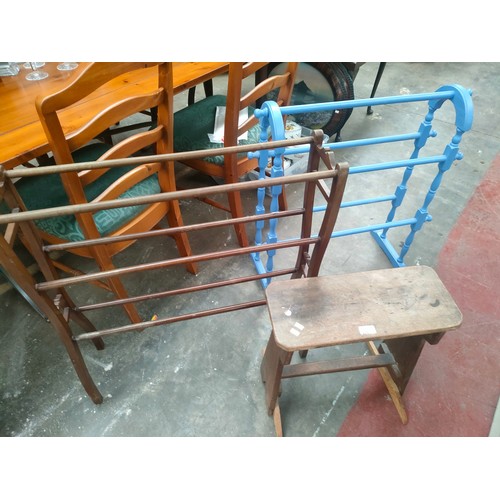 205 - 2 Vintage towel rails together with stool.