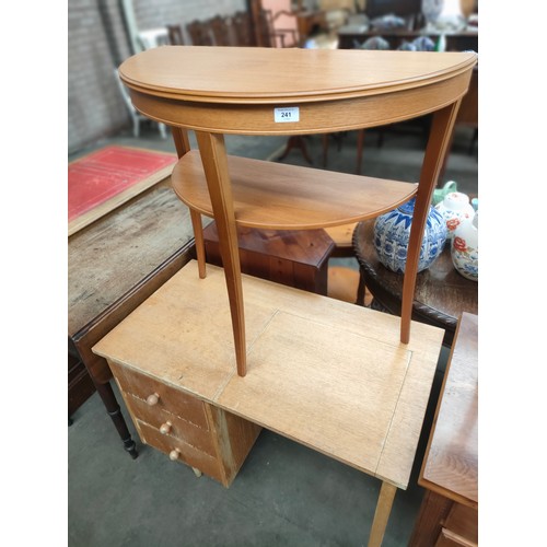 241 - Legate Mid century teak hall moon table together with matching mahogany hall moon table .