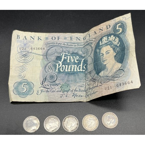 120 - Bank of England Five Pound bank note together with silver Victorian and George V Coins.