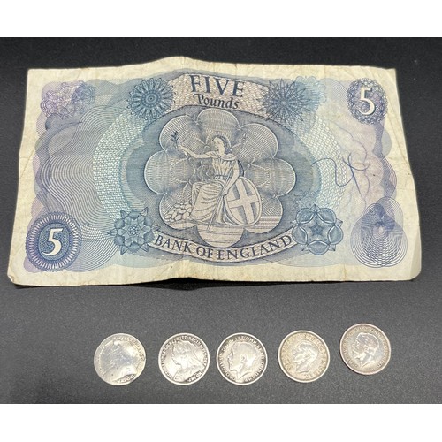 120 - Bank of England Five Pound bank note together with silver Victorian and George V Coins.