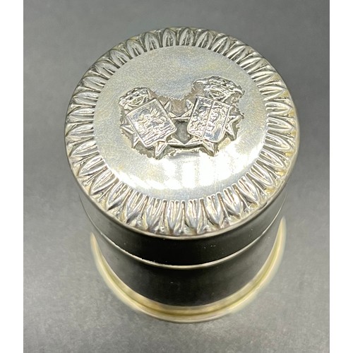 110 - Vintage Italian 800 grade silver preserve pot with lid detailing coat of arms. [5.5cm high]