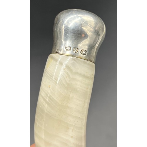 101 - Birmingham silver lid and white agate horn shaped perfume bottle. [8cm in length]