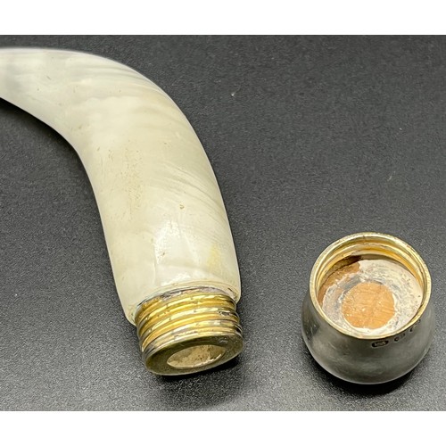 101 - Birmingham silver lid and white agate horn shaped perfume bottle. [8cm in length]