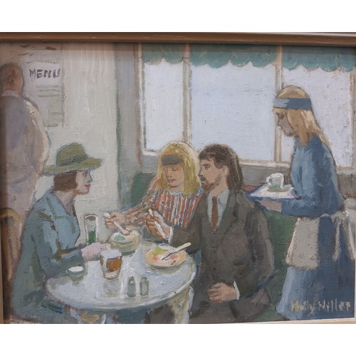 141 - 2 oil paintings by artist Molly Miller. One titled ''Pub Lunch'' and the other depicting a cat in a ... 