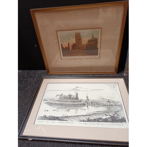 142 - A lot of 4 framed etchings/prints, some signed along with a watercolour depicting village scene. Inc... 