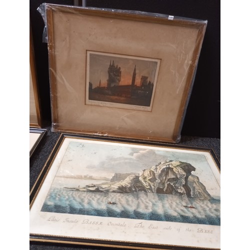 142 - A lot of 4 framed etchings/prints, some signed along with a watercolour depicting village scene. Inc... 