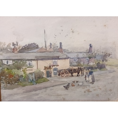 142 - A lot of 4 framed etchings/prints, some signed along with a watercolour depicting village scene. Inc... 