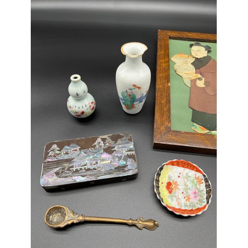 126 - Collection of Chinese collectables to include Lac Burgaute Japanned mother of pearl tin box, Chinese... 