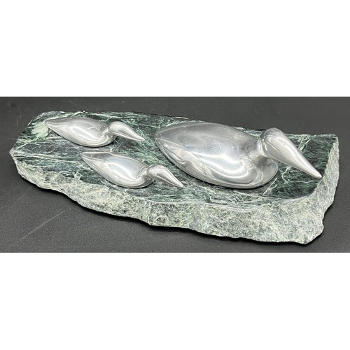 122 - Hoselton Sculpture- Canadian aluminium and green marble sculpture- family of ducks. Plaque to base C... 