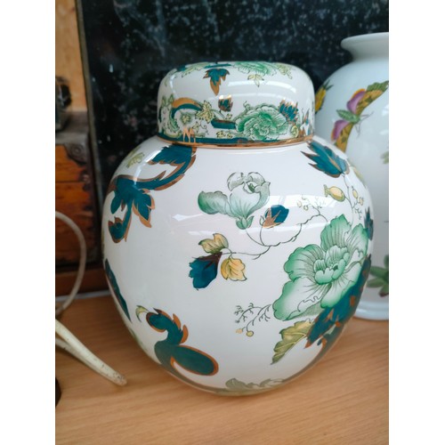 173 - Masons Ironstone chartreuse pattern table lamp planters , ginger jar together with masons dragon pat... 