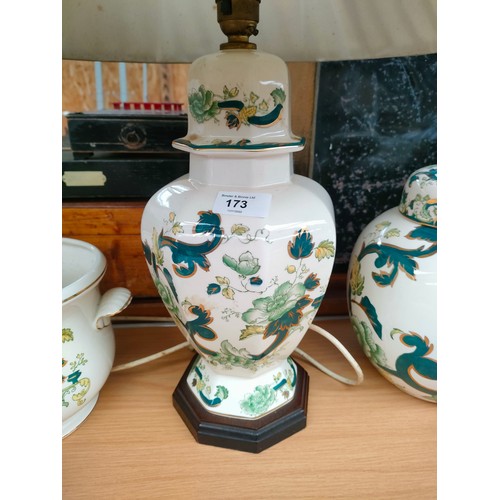 173 - Masons Ironstone chartreuse pattern table lamp planters , ginger jar together with masons dragon pat... 