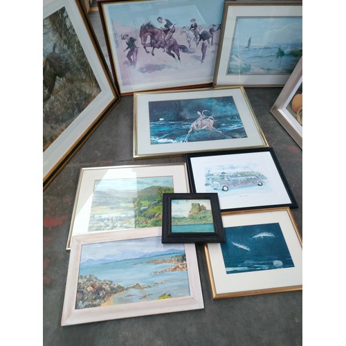 286A - Selection of art works to includes horse jumper print, oil painting coastal, stag print, Two of the ... 