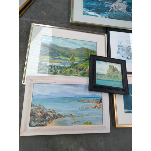 286A - Selection of art works to includes horse jumper print, oil painting coastal, stag print, Two of the ... 