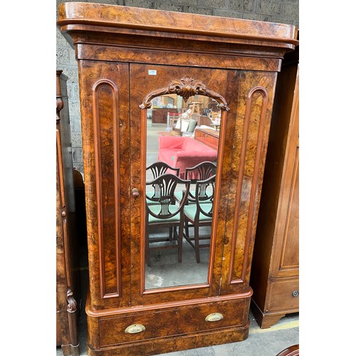 906 - 19th century Burr Walnut wardrobe, the shaped cornice above a single mirrored door with carved mould... 