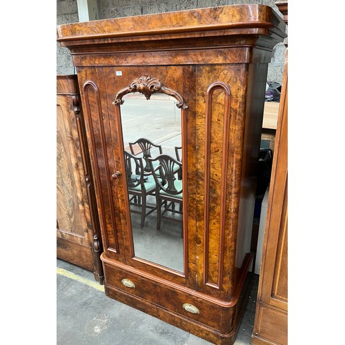 906 - 19th century Burr Walnut wardrobe, the shaped cornice above a single mirrored door with carved mould... 