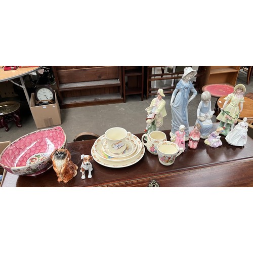 89A - Collection of porcelain odds to include Royal Doulton figures, Bunnykins cups and saucer, Maling bow... 