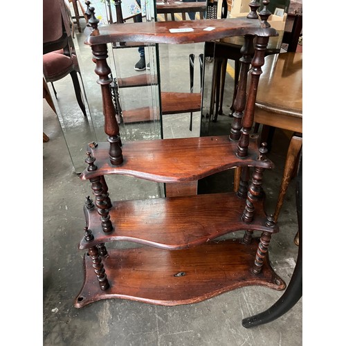 301A - Small Four tier antique shelving unit, Child's bent wood chair [needs attention] and small tile top ... 