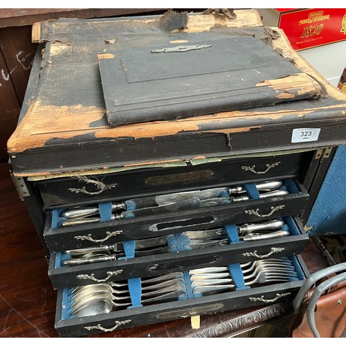 323A - Antique canteen chest full of cutlery [5 drawers] [Box as found]