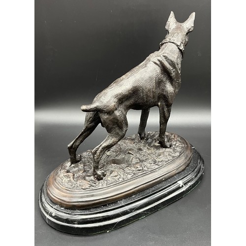 101 - Heavy bronze sculpture of a boxer dog. Signed Mene. Sat upon a marble base. [27x30x16cm]