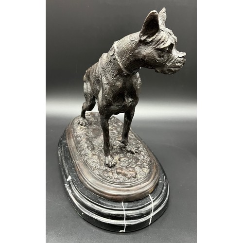 101 - Heavy bronze sculpture of a boxer dog. Signed Mene. Sat upon a marble base. [27x30x16cm]