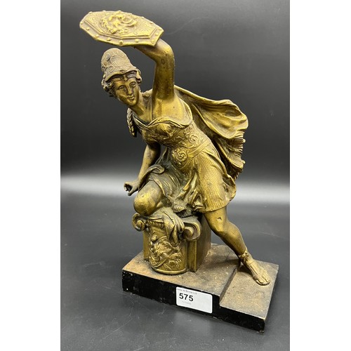 125 - Antique Heavy gold patina bronze woman warrior sat upon a wooden step base. [27cm high]