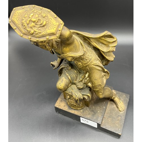 125 - Antique Heavy gold patina bronze woman warrior sat upon a wooden step base. [27cm high]