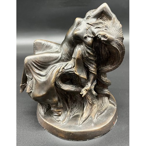 142 - Heavy cast bronze semi nude Repunzel style lady sculpture. [20cm high]