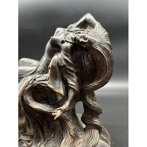 142 - Heavy cast bronze semi nude Repunzel style lady sculpture. [20cm high]