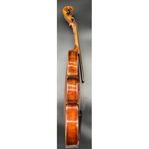 205 - Antique 3/4 violin, two bows and dome top case.